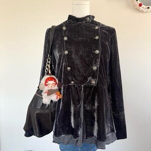 Free People Black Velvet Military-Style Peplum Blazer